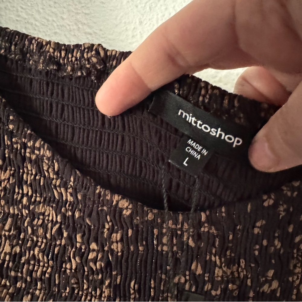 Mittoshop Floral Smocked Long Sleeve Black Tan Top Large Boho Cottagecore - Picture 9 of 16